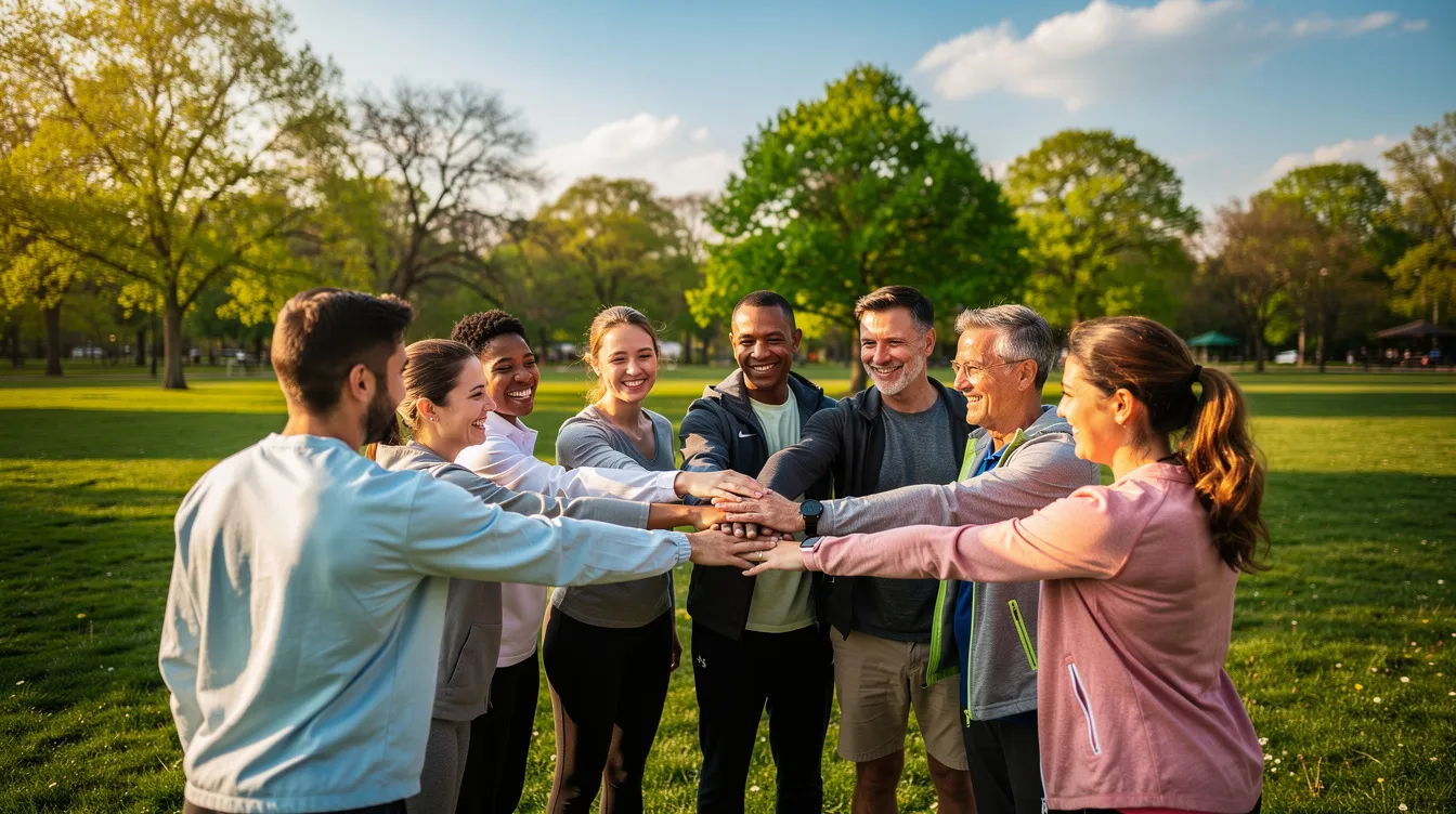 Auf der Wiese steht eine Gruppe von Menschen, die gemeinsam an einer Teamübung teilnehmen, um ihre Zusammenarbeit und Kommunikation zu verbessern. Diese Aktivität fördert die persönliche Entwicklung und Selbstreflexion, während die Teilnehmer ihre Stärken und Fähigkeiten in einem unterstützenden Umfeld entdecken.
