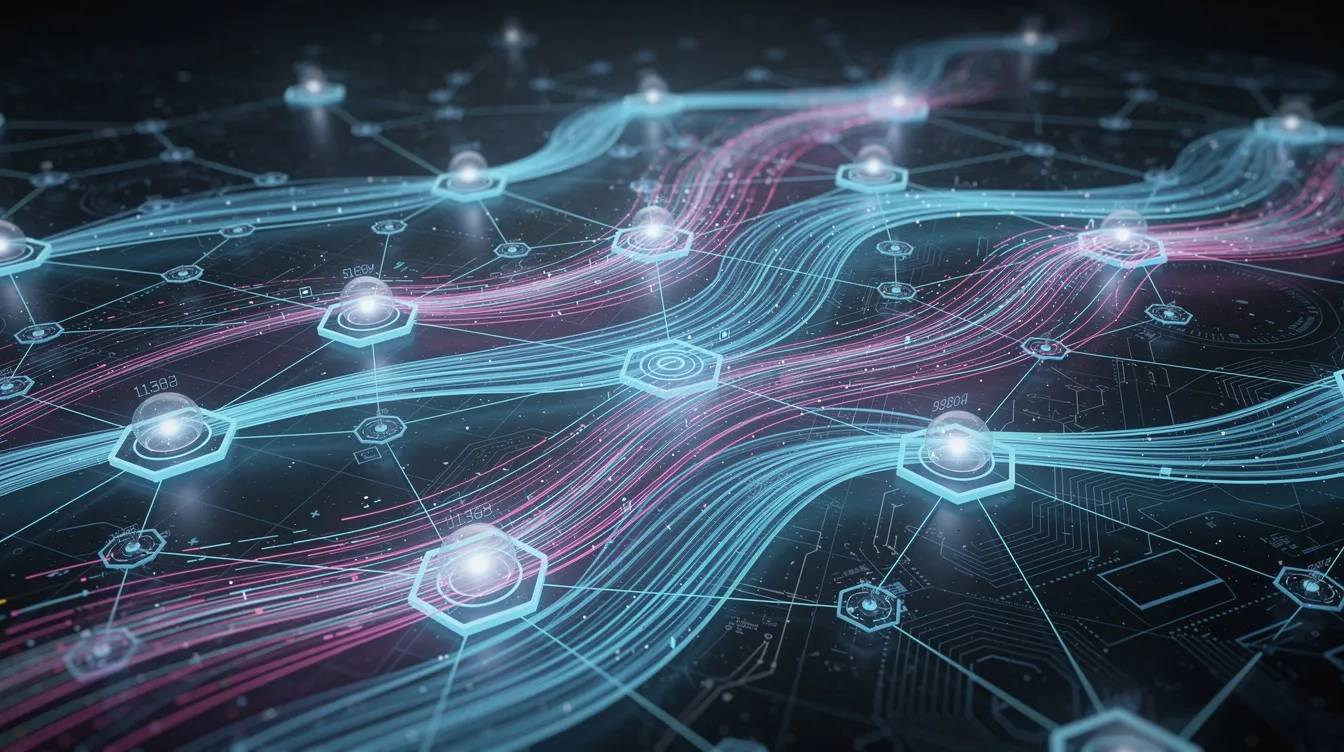 Die abstrakte Darstellung zeigt dynamische Datenströme, die durch miteinander verbundene Knotenpunkte in einem digitalen Netzwerk fließen, und verdeutlicht die Grundlagen der Blockchain-Technologie und ihre Anwendung in der Datenbanktechnologie. Diese visuelle Interpretation symbolisiert die Interaktion und den Austausch von Informationen innerhalb eines Blockchain-Systems.
