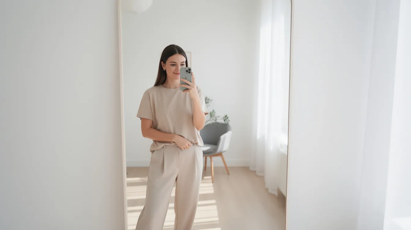 Eine Frau steht in einem hellen Raum mit natürlichem Licht und fotografiert sich in einem Ganzkörperspiegel. Sie trägt ein modisches Outfit, das aus einer Bluse und einer Hose besteht, und zeigt verschiedene Looks für Inspiration und Freizeit.