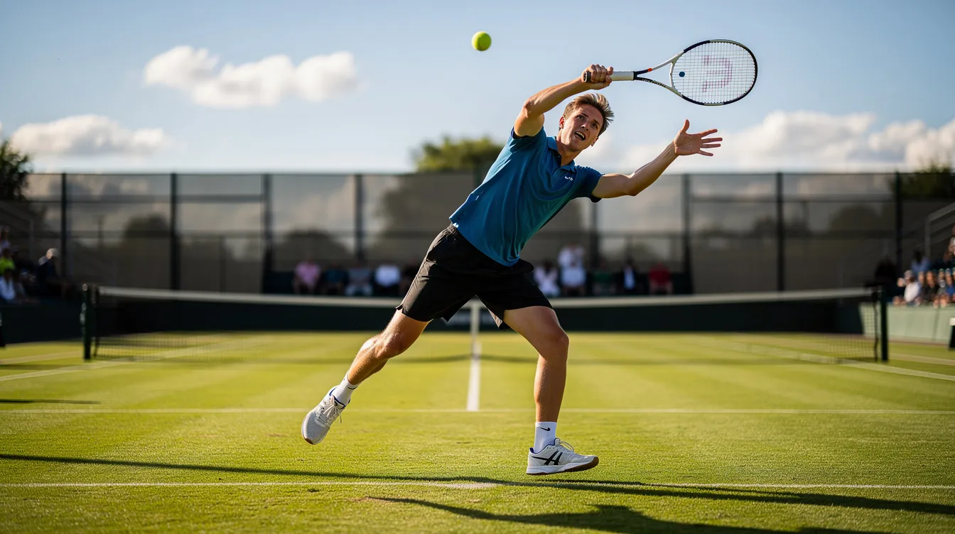 Ein junger Tennisspieler führt einen kraftvollen Aufschlag auf einem sonnigen Rasenplatz aus, während die Atmosphäre eines Grand Slam Turniers spürbar ist. Der Spieler strahlt Energie und Konzentration aus, was ihn zu einem zukünftigen Sieger im Tennis machen könnte.