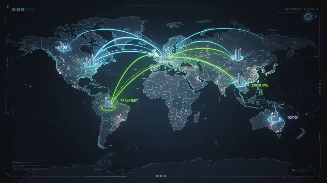 Das Bild zeigt eine Weltkarte, auf der leuchtende Verbindungslinien zwischen verschiedenen Finanzzentren dargestellt sind, die den globalen Austausch von Wertpapieren und die Interaktion von Anlegern symbolisieren. Diese visuelle Darstellung könnte insbesondere für Investoren von Interesse sein, die sich mit ETFs und internationalen Anlagestrategien beschäftigen.