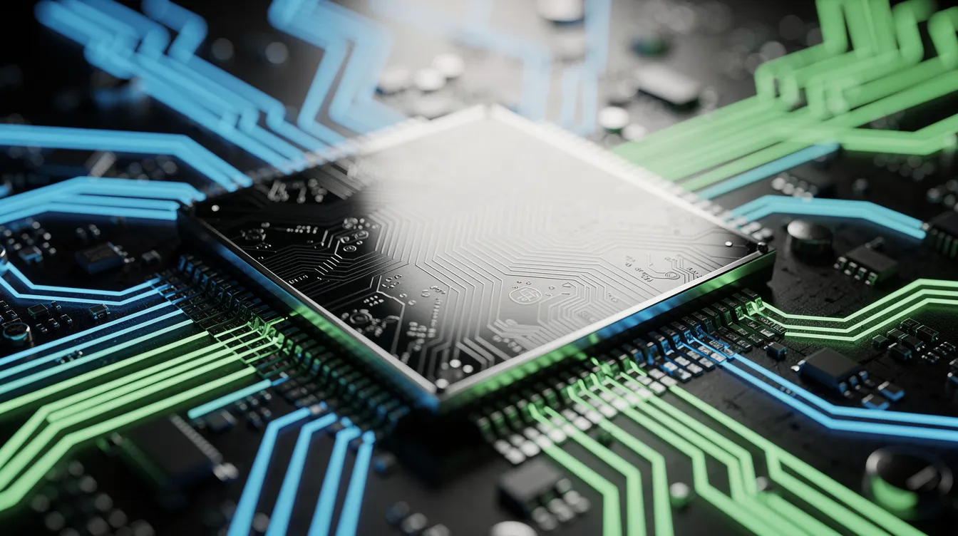 Die Nahaufnahme zeigt einen modernen Computerchip auf einer Platine, umgeben von leuchtenden Leiterbahnen, die für die Verbindung und Kommunikation innerhalb eines KI-Systems wie ChatGPT entscheidend sind. Die Details des Chips verdeutlichen die fortschrittliche Technologie, die in Unternehmen wie OpenAI entwickelt wird, um das Potenzial der künstlichen Intelligenz für die Menschheit zu nutzen.