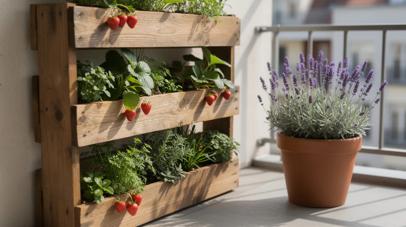 Ein Balkon mit einem vertikalen Garten aus Holzpaletten, der mit frischen Kräutern und saftigen Erdbeeren bepflanzt ist. Neben dem Garten steht ein Terrakotta-Topf mit duftendem Lavendel, der eine einladende Atmosphäre schafft.