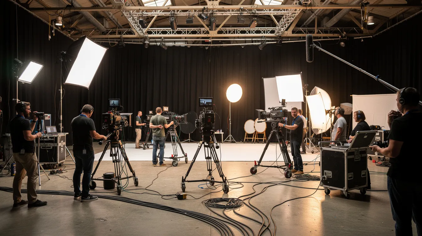 Das Bild zeigt ein geschäftiges Filmproduktionsset in einem großen Studio mit Kameras, Lichtanlagen und Crewmitgliedern, die emsig an verschiedenen Aufgaben arbeiten. In dieser dynamischen Umgebung könnte man sich vorstellen, dass auch Stars wie Arnold Schwarzenegger hier an ihrer Filmkarriere arbeiten.