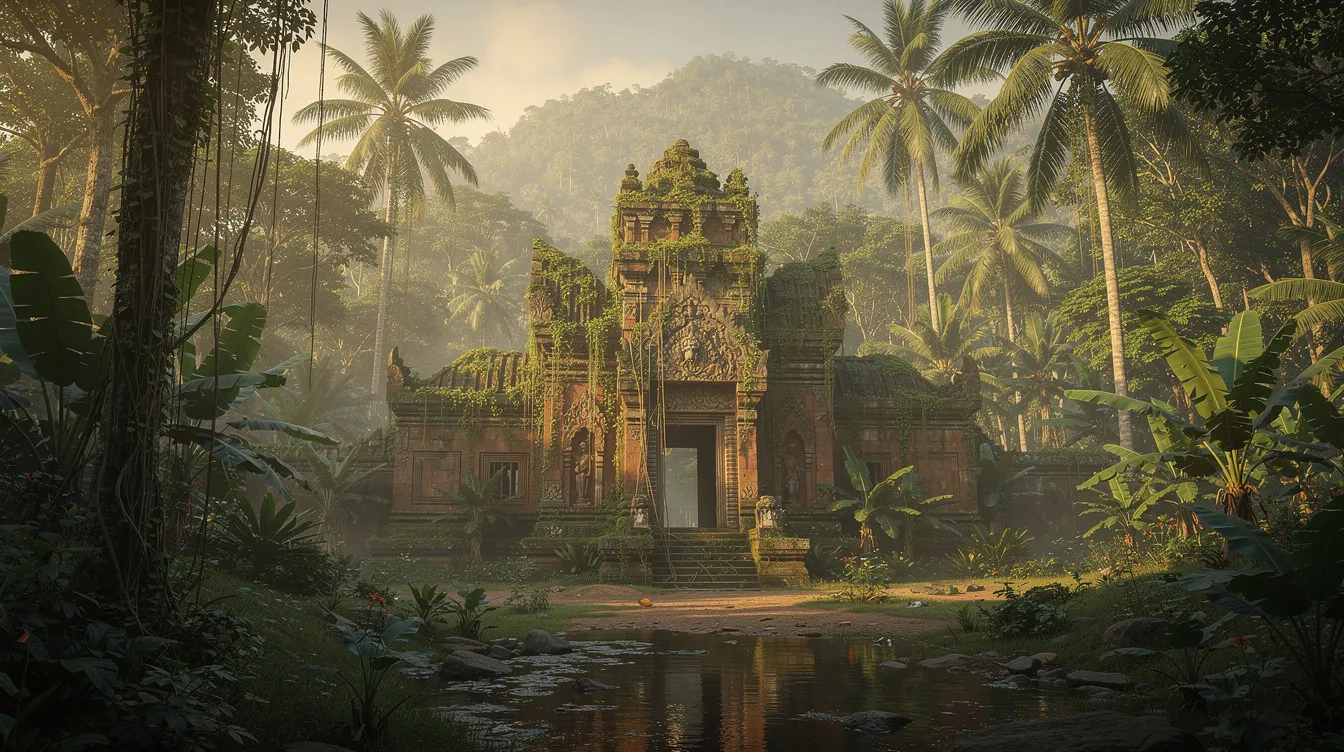 Die tropische Landschaft zeigt einen alten Tempel, umgeben von üppiger Vegetation, die an die Abenteuer von Lara Croft aus "Tomb Raider" erinnert. Die Szenerie strahlt eine geheimnisvolle Atmosphäre aus, die an die exotischen Kulissen in Filmen mit Angelina Jolie erinnert.