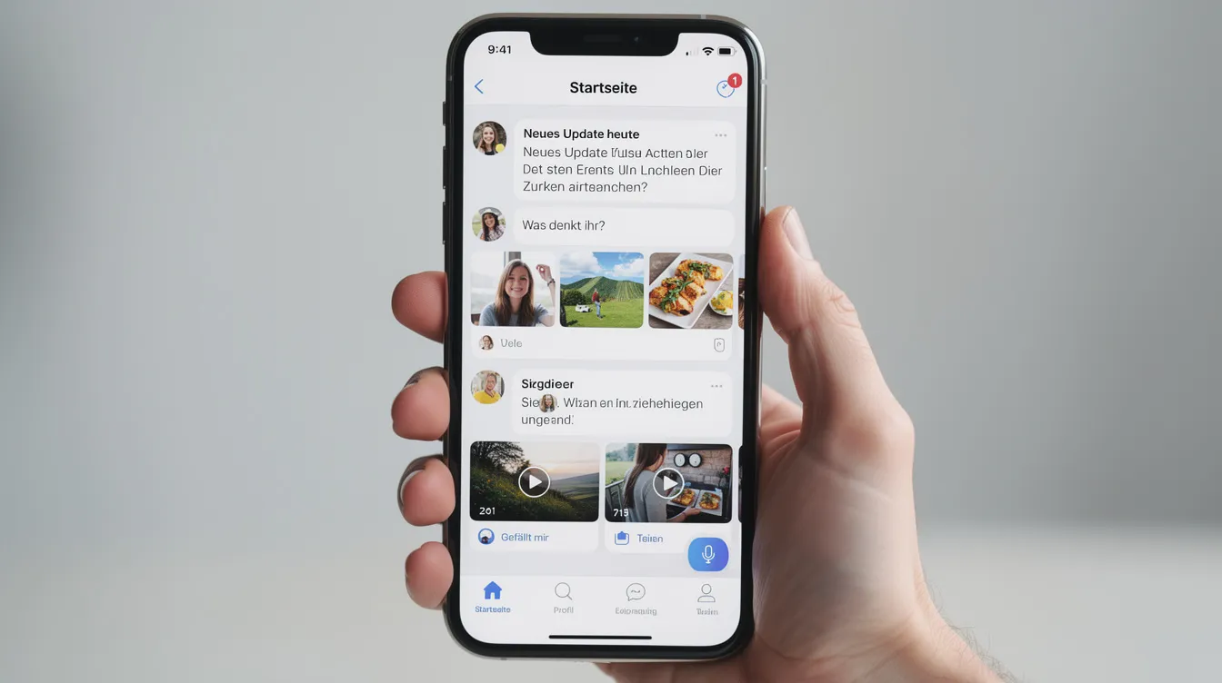 Ein Smartphone in einer Hand zeigt eine Social-Media-Timeline mit verschiedenen Post-Typen wie Texten, Bildern und Video-Thumbnails auf einem hellen Bildschirm. Diese Darstellung verdeutlicht die Vielfalt der Inhalte und Interaktionen, die Nutzer auf Plattformen wie Twitter x erleben können.