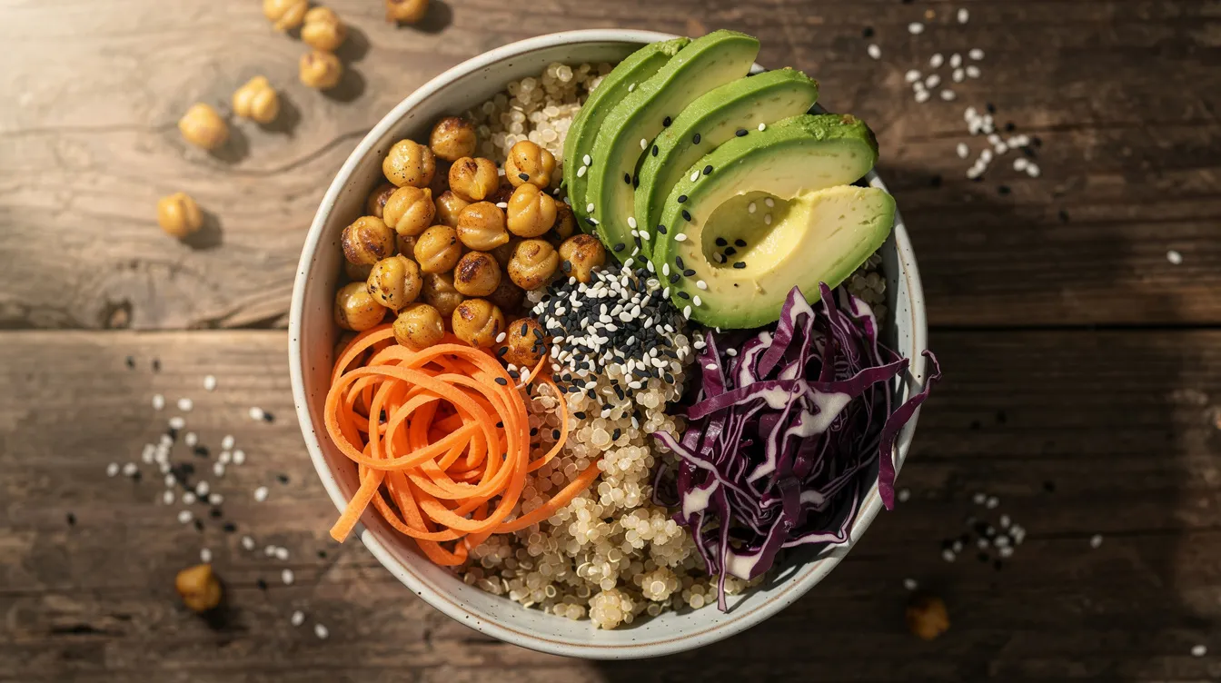 Eine bunte vegane Bowl auf einem Holztisch zeigt eine gesunde Kombination aus Quinoa, Kichererbsen, Avocado, Rotkohl, Karotten und Sesam, die reich an Nährstoffen ist und einen nachhaltigen Lebensstil fördert. Diese vielfältige Ernährung ist eine köstliche Alternative zu tierischen Produkten und unterstützt die Prinzipien des Tierschutzes und Veganismus.