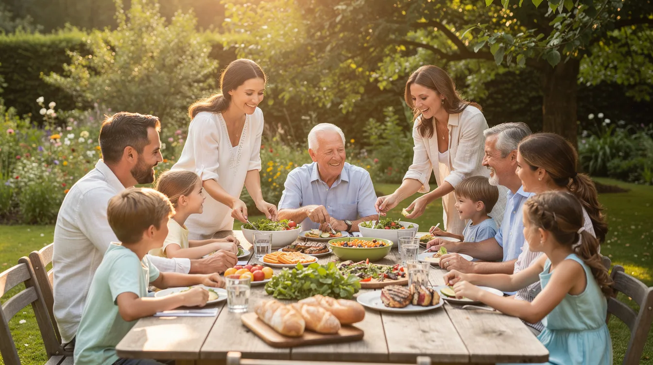 Eine Großfamilie mit drei Generationen sitzt bei einem gemeinsamen Essen im Garten, umgeben von bunten Blumen und Bäumen. Die Atmosphäre ist fröhlich und entspannt, während die verschiedenen Altersgruppen miteinander plaudern und das Leben genießen.