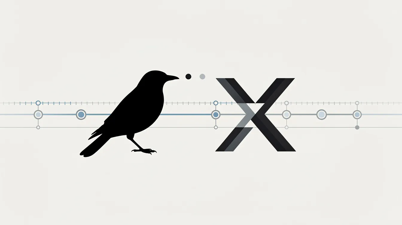 Die abstrakte Darstellung zeigt die Silhouette eines Vogels, die sich in ein geometrisches X-Zeichen verwandelt, vor einem Hintergrund mit Elementen eines Zeitstrahls, der an soziale Medien und Plattformen wie Twitter erinnert. Diese kreative Komposition symbolisiert die Verbindung zwischen Kommunikation und der digitalen Welt.