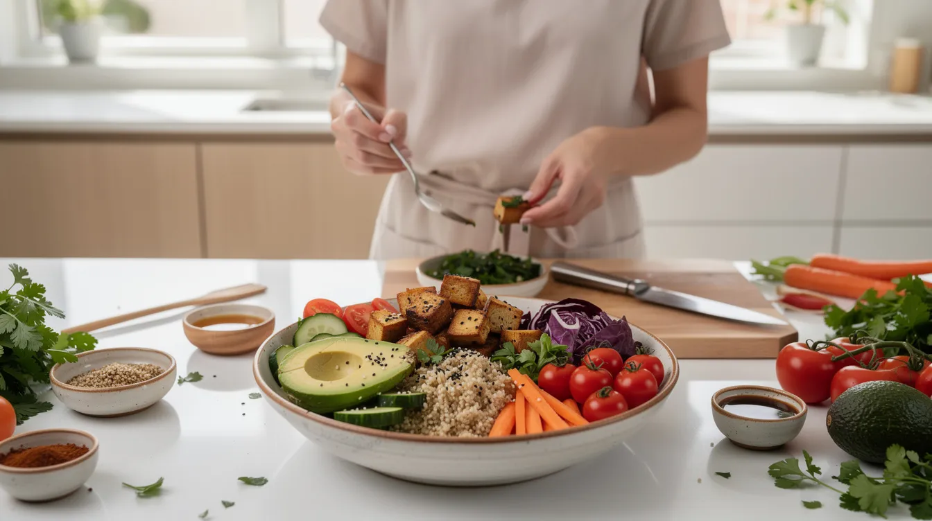 In einer hellen, modernen Küche bereitet eine Person eine farbenfrohe Gemüse-Bowl mit Tofu und Avocado zu. Diese gesunde und nährstoffreiche Mahlzeit ist ein Beispiel für eine vegane Ernährung und fördert einen bewussten Lebensstil.