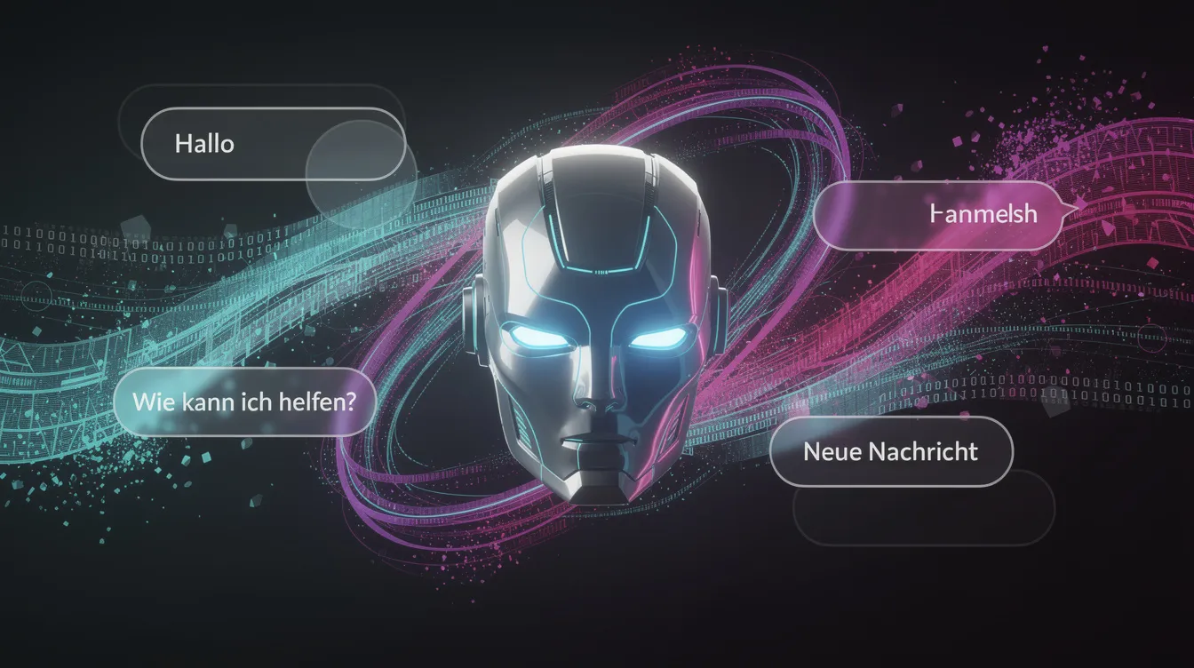 Die abstrakte Darstellung zeigt einen Roboterkopf mit leuchtenden Augen, umgeben von fließenden Datenströmen und Chat-Blasen auf einem dunklen Hintergrund, was die Verbindung zur digitalen Welt und sozialen Medien symbolisiert. Die leuchtenden Augen des Roboters scheinen Fragen zu stellen und Informationen auszutauschen, was an die Interaktion auf Plattformen wie Twitter erinnert.
