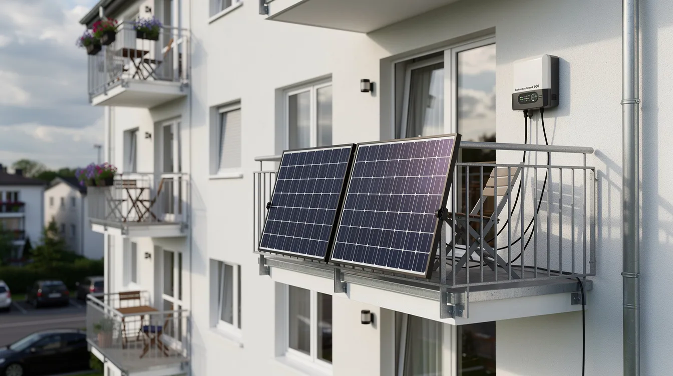 Das Bild zeigt ein Balkonkraftwerk mit Solarpanelen, das an einem Balkon eines Mehrfamilienhauses installiert ist. Die Solarpanele nutzen Sonnenenergie zur Stromerzeugung, was zur Senkung der Stromkosten und zur Nutzung erneuerbarer Energien beiträgt.