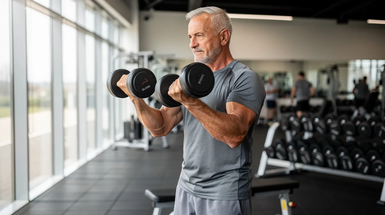 Ein älterer athletischer Mann trainiert mit Hanteln in einem modernen, gut ausgestatteten Fitnessstudio, das von natürlichem Licht durchflutet wird. Diese Szene erinnert an die Fitness-Philosophie von Arnold Schwarzenegger, der nicht nur als Bodybuilder, sondern auch als Schauspieler und Politiker bekannt ist.