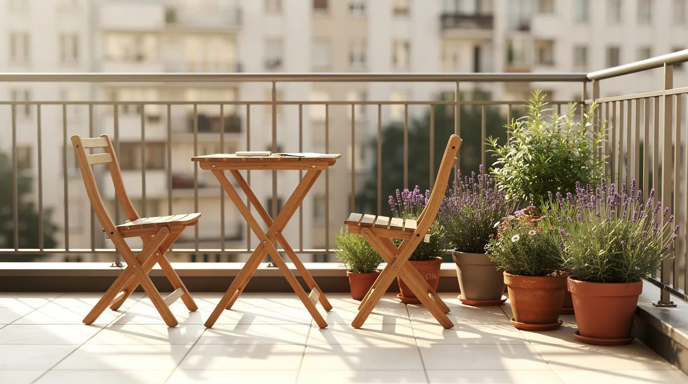 Ein kleiner Stadtbalkon ist mit hellen Klickfliesen ausgelegt und bietet Platz für einen Klapptisch mit zwei Stühlen. Drei Töpfe mit duftendem Lavendel und frischen Kräutern stehen im Sonnenlicht und schaffen eine einladende Atmosphäre für entspannte Momente im Freien.