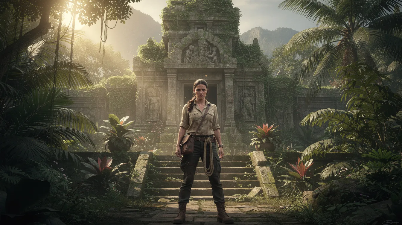 Eine Frau in Abenteuerkleidung steht vor der majestätischen Kulisse eines antiken Tempels im tropischen Dschungel, was an die ikonische Darstellung von Lara Croft in "Tomb Raider" erinnert. Die Szene strahlt Abenteuerlust und Entdeckung aus, während die üppige Vegetation den geheimnisvollen Charakter des Ortes unterstreicht.
