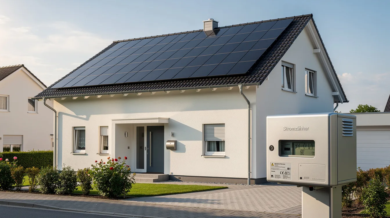 Das Bild zeigt ein typisches deutsches Einfamilienhaus mit einem Stromzähler an der Wand und Solarpanelen auf dem Dach, die zur nachhaltigen Energiegewinnung beitragen. Diese Solarpanele können helfen, die Stromkosten zu senken und den Stromverbrauch effizienter zu gestalten.