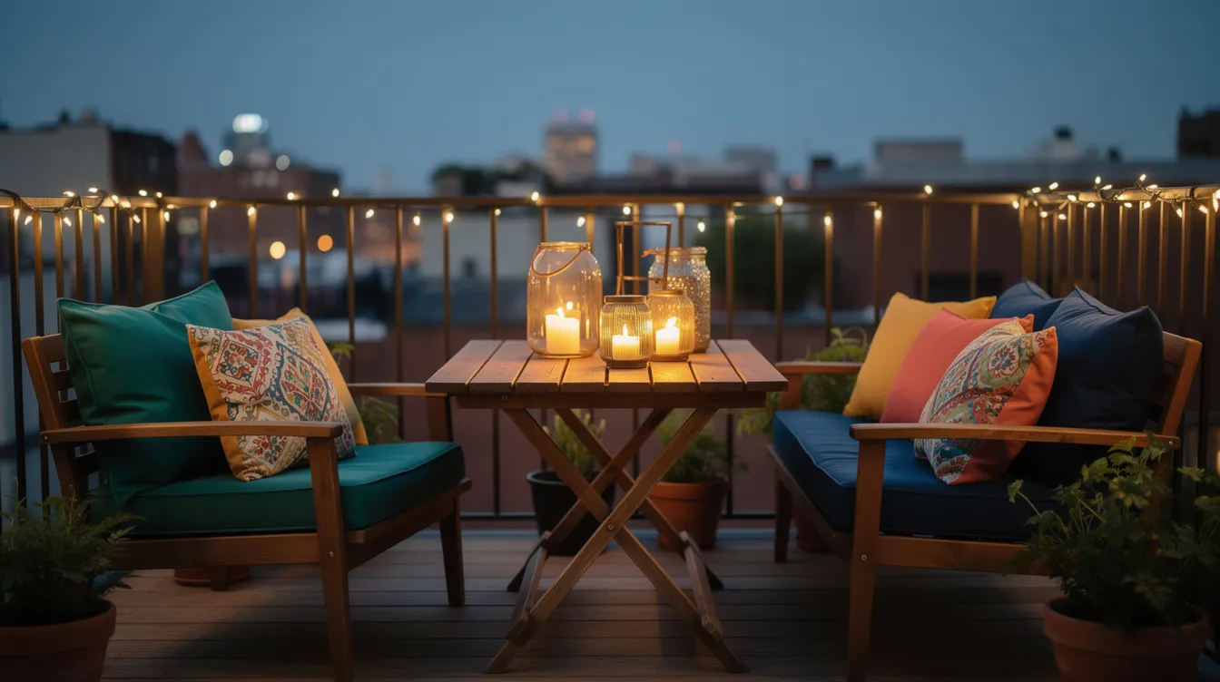 Der Balkon am Abend ist mit warmweißen Lichterketten am Geländer geschmückt, während auf einem kleinen Holztisch brennende Windlichter für eine gemütliche Atmosphäre sorgen. Bunte Outdoor-Kissen laden zum Entspannen ein und verleihen diesem Raum einen einladenden Stil.