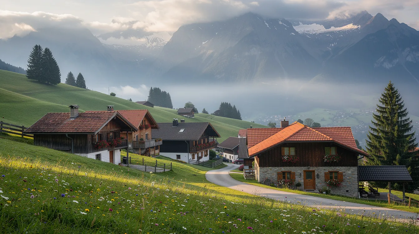 Ein kleines österreichisches Alpendorf mit sanften grünen Hügeln, traditionellen Häusern mit roten Dächern und nebligen Bergen im Hintergrund. Die idyllische Landschaft könnte als Kulisse für einen Film mit Arnold Schwarzenegger dienen, der die Schönheit seiner Heimat widerspiegelt.