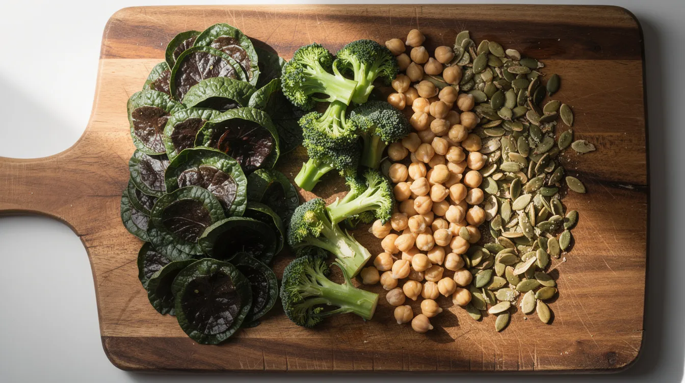 Auf dem Holzschneidebrett liegen aufgeschnittenes dunkles Blattgrün, frischer Brokkoli, Kichererbsen und Kürbiskerne, die eine gesunde und nährstoffreiche vegane Ernährung symbolisieren. Diese Lebensmittel sind reich an Vitaminen und eignen sich hervorragend für eine pflanzliche Lebensweise.