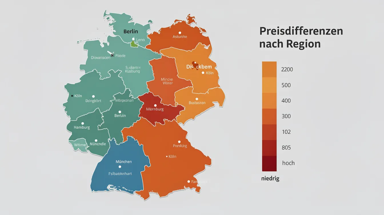 Das Bild zeigt eine farblich unterschiedliche Deutschlandkarte, die die regionalen Preisunterschiede für Strompreise veranschaulicht. Verschiedene Regionen sind markiert, um die unterschiedlichen Stromtarife und die Preisentwicklung pro kWh darzustellen.