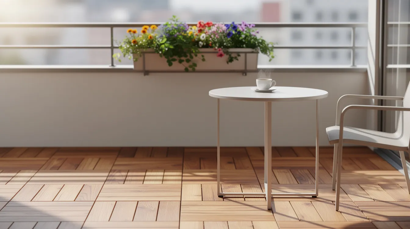 Der Balkon ist mit frisch verlegten Holzfliesen ausgestattet und bietet Platz für einen kleinen Tisch, auf dem eine Kaffeetasse steht. Ein Blumenkasten am Geländer sorgt für eine grüne Atmosphäre im Sonnenlicht und schafft eine einladende Wohlfühloase.