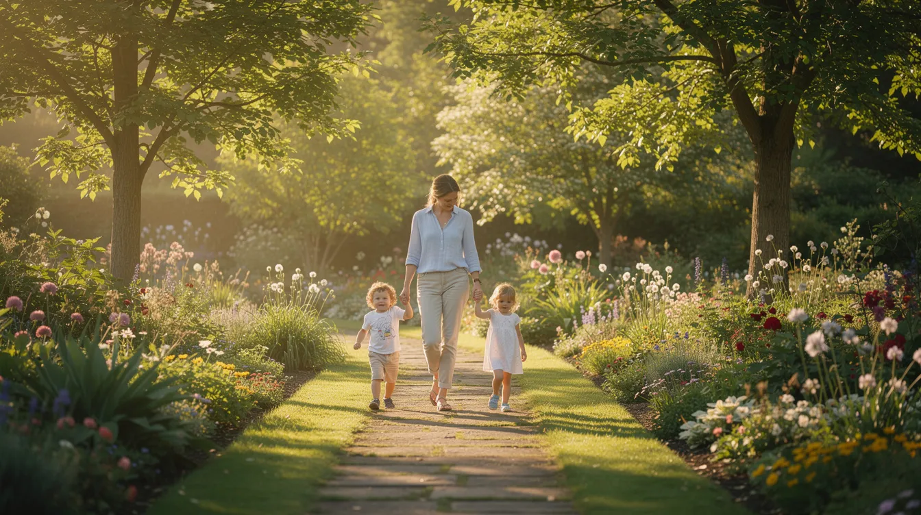 Eine ruhige Szene zeigt eine Frau, die mit Kindern in einem Garten voller Bäume spazieren geht. Die Atmosphäre ist friedlich und harmonisch, während die Kinder fröhlich um die Frau herumtollen.