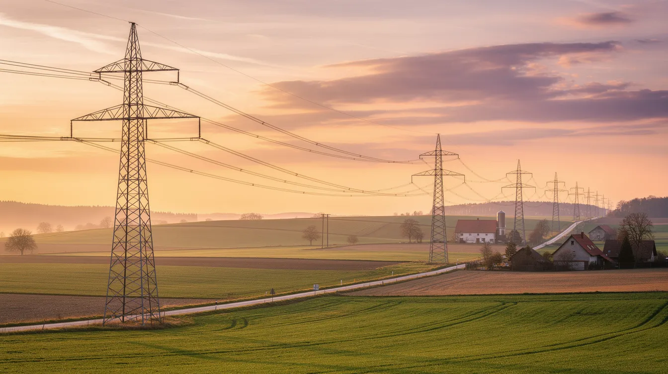 Das Bild zeigt Strommasten, die sich majestätisch gegen den Hintergrund eines ländlichen deutschen Landschafts bei Sonnenuntergang abheben. Die warmen Farben des Himmels kontrastieren mit den dunklen Silhouetten der Masten und symbolisieren die Energieversorgung, die auch in ländlichen Gemeinden eine wichtige Rolle spielt.