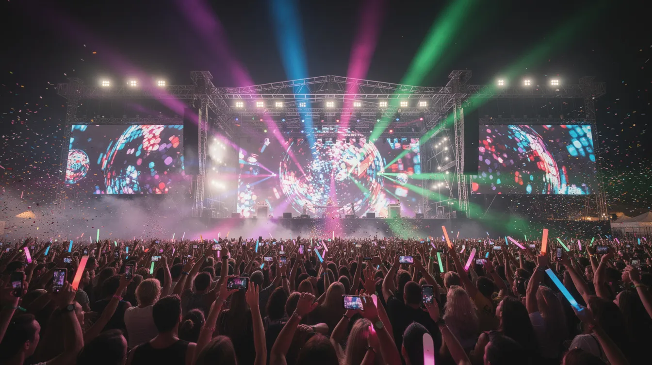 Die große Konzertbühne bei Nacht ist von bunten Disco-Lichtern erleuchtet, während tausende begeisterte Zuschauer auf dem Open-Air-Gelände tanzen und feiern. Diese lebendige Szene zeigt die Energie und Freude der Fans während eines Auftritts eines berühmten Popstars, der Teil seiner Welttournee ist.