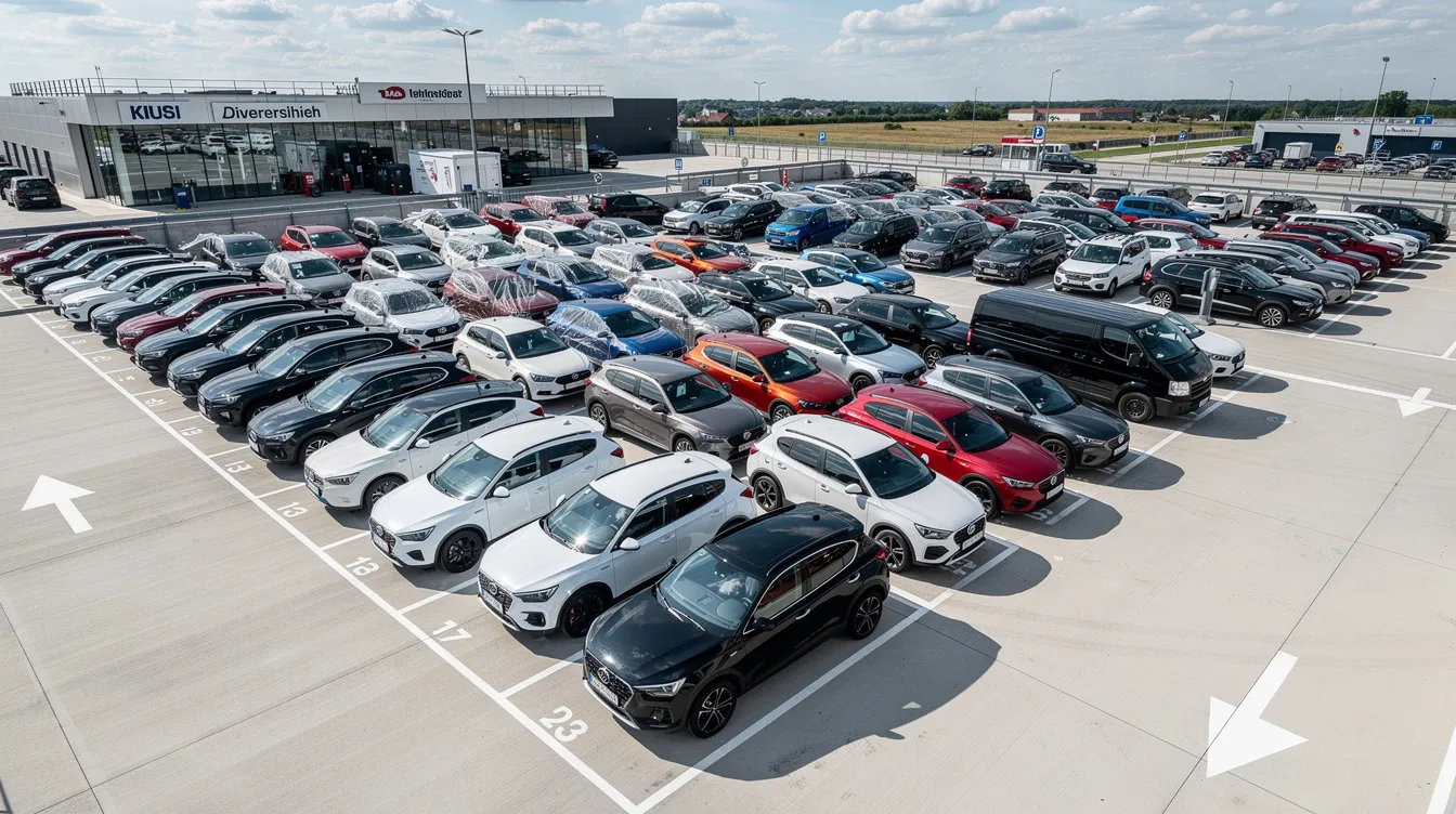 Das Bild zeigt ein großes Parkdeck, das mit einer Vielzahl von Neuwagen verschiedener Marken gefüllt ist, die bereit zur Auslieferung sind. Unter den Fahrzeugen sind auch Modelle der Volkswagen AG zu sehen, die auf ihre neuen Besitzer warten.
