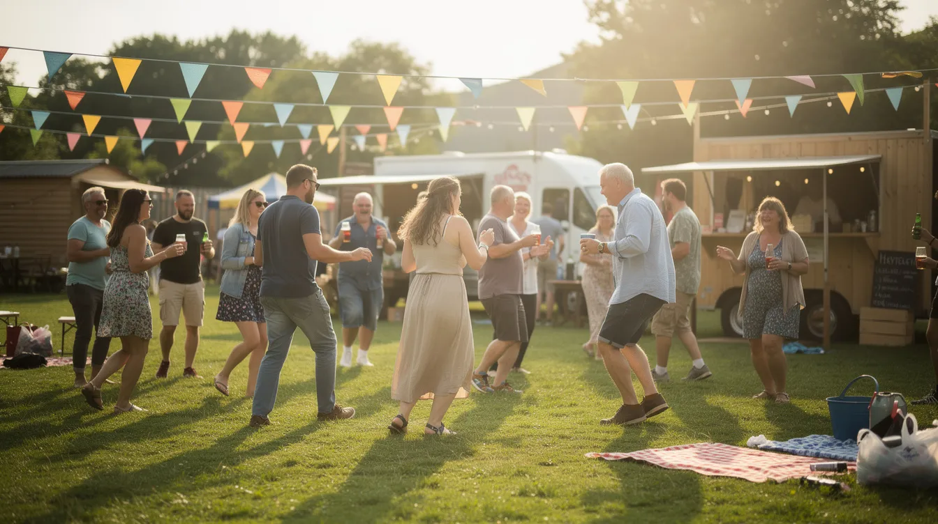 Auf einer Wiese tanzen Menschen fröhlich bei einem kleinen regionalen Festival, umgeben von bunten Wimpeln und der lebhaften Atmosphäre eines Open-Air-Events. Die Veranstaltung bietet Live-Musik und zieht Besucher aus der Stadt an, die die Vielfalt der Musik und Kultur genießen.
