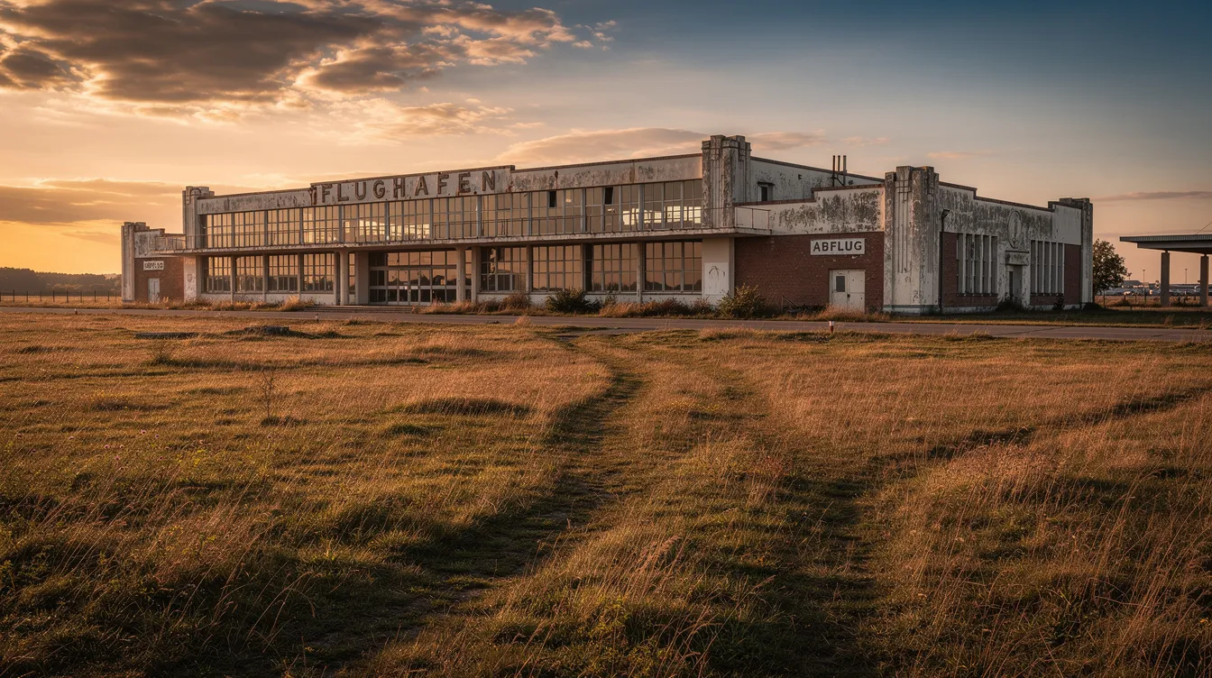 Ein weites, offenes Feld erstreckt sich vor einem historischen Flughafengebäude, das bei Sonnenuntergang in warmen Farben leuchtet. Diese Szenerie könnte an die "together tour" erinnern, die in Städten wie Berlin stattfand, und die Fans von Popstars wie Harry Styles begeistert hat.