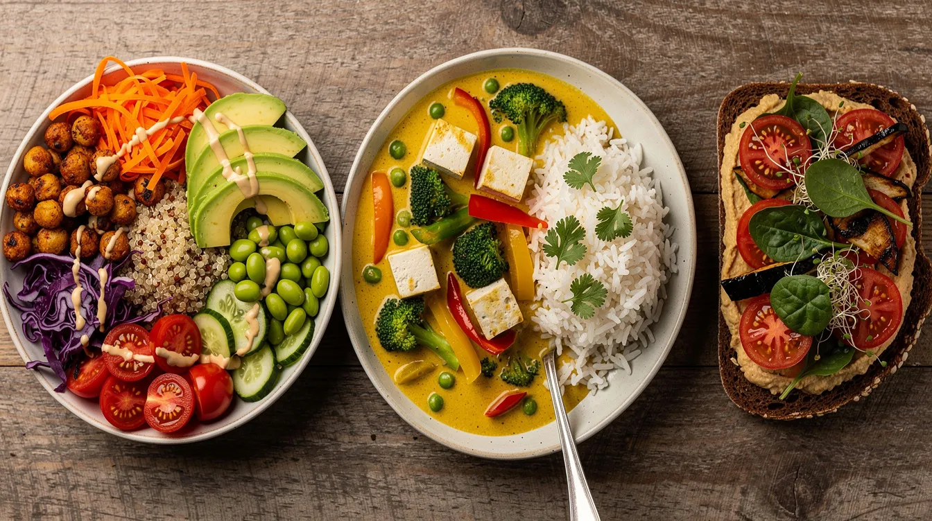 Auf dem Tisch sind drei verschiedene bunte vegane Mahlzeiten angeordnet: eine nährstoffreiche Bowl mit frischem Gemüse, ein würziges Curry und ein belegtes Brot mit pflanzlichen Aufstrichen. Diese Vielfalt an Lebensmitteln zeigt die Möglichkeiten einer gesunden veganen Ernährung, die reich an Vitaminen und Nährstoffen ist.