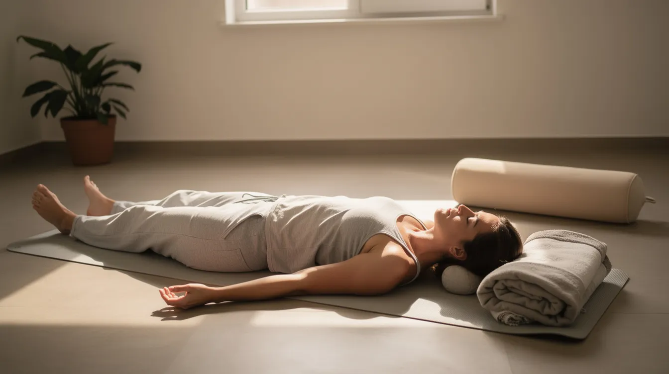 Eine Person liegt entspannt auf einer Yogamatte in einem ruhigen Raum, mit den Armen seitlich abgelegt, während sie progressive Muskelentspannung praktiziert. Diese Methode hilft bei der Stressbewältigung und fördert die Entspannung von Körper und Psyche in stressbelastenden Situationen.