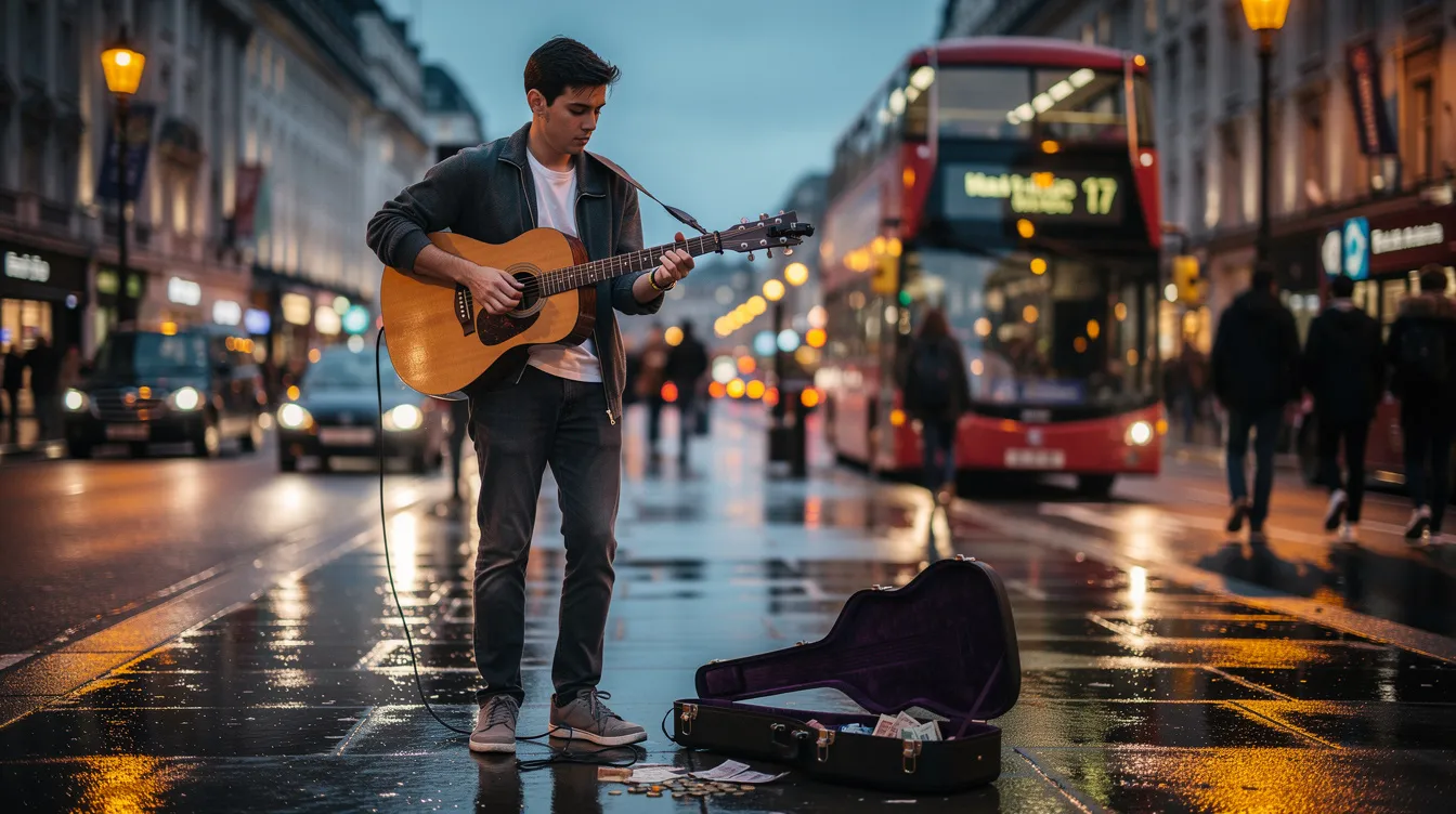 Ein junger Straßenmusiker mit rotem Haar spielt leidenschaftlich auf seiner Akustikgitarre in einer belebten Londoner Straße während der Abenddämmerung, umgeben von Passanten, die seiner Musik lauschen. Die Atmosphäre ist lebhaft und zeigt die Kreativität und den Geist der britischen Musikszene, ähnlich den Songs von Ed Sheeran.