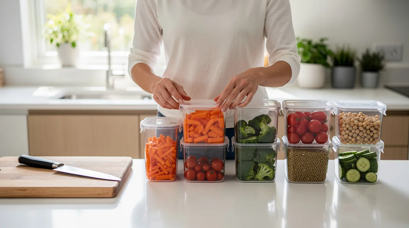 In einer hellen Küche füllt eine Person frisches Gemüse und Hülsenfrüchte in Vorratsdosen für die Meal Prep. Diese gesunde Ernährungsweise unterstützt die Nährstoffversorgung und bietet eine Vielzahl an pflanzlichen Lebensmitteln für eine ausgewogene vegane Ernährung.