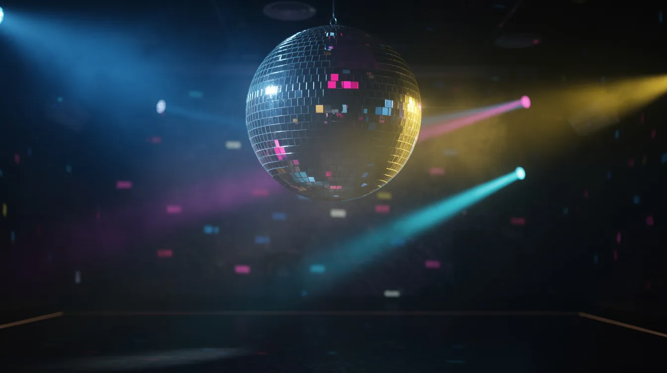 Eine glänzende Discokugel schwebt in einem dunklen Raum und wirft buntes Licht an die Wände, während die Musik der aktuellen Tournee eines beliebten Popstars im Hintergrund spielt. Das Lichtspiel schafft eine festliche Atmosphäre, die die Fans begeistert und an die aufregenden Konzerte in Berlin erinnert.