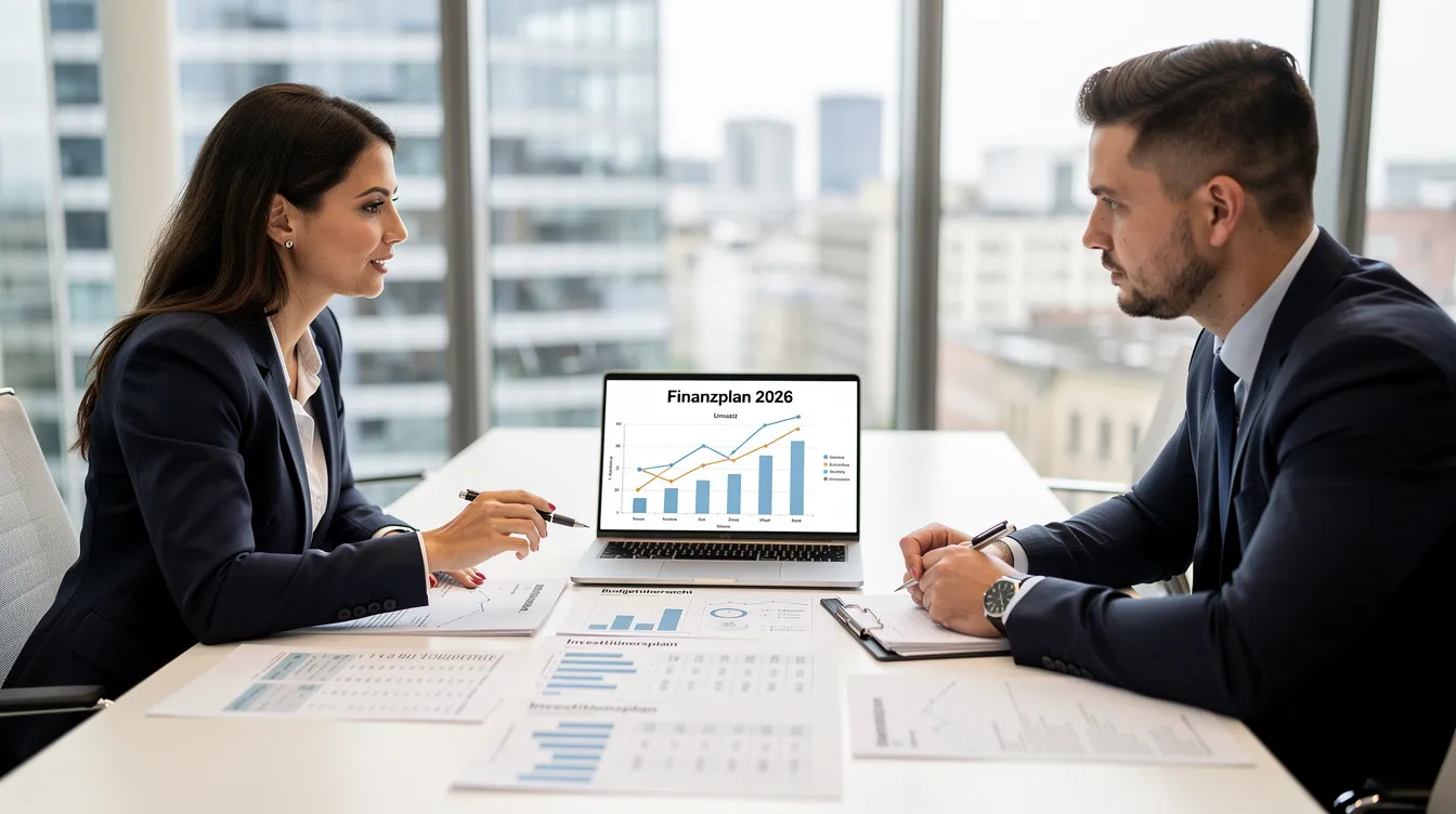 Zwei Personen sitzen an einem Konferenztisch und diskutieren Finanzpläne, während sie einen Laptop und verschiedene Dokumente mit Informationen zu Anleihen, Zinsen und Renditechancen auf dem Tisch haben. Sie analysieren die unterschiedlichen Arten von Wertpapieren, darunter Staatsanleihen und Unternehmensanleihen, um einen Überblick über ihr Portfolio zu erhalten.