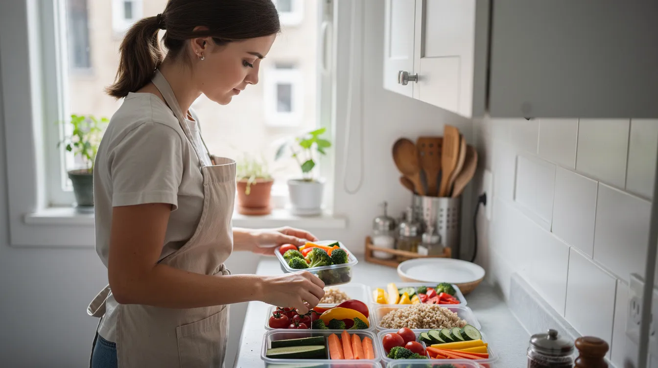 Eine junge Frau bereitet in einer kleinen Küche bunte Lunchboxen vor, die mit einer Mischung aus frischem Gemüse und Vollkornreis gefüllt sind. Diese gesunden Lebensmittel sind reich an Nährstoffen und Vitaminen, die eine wichtige Rolle in einem ausgewogenen Speiseplan spielen.