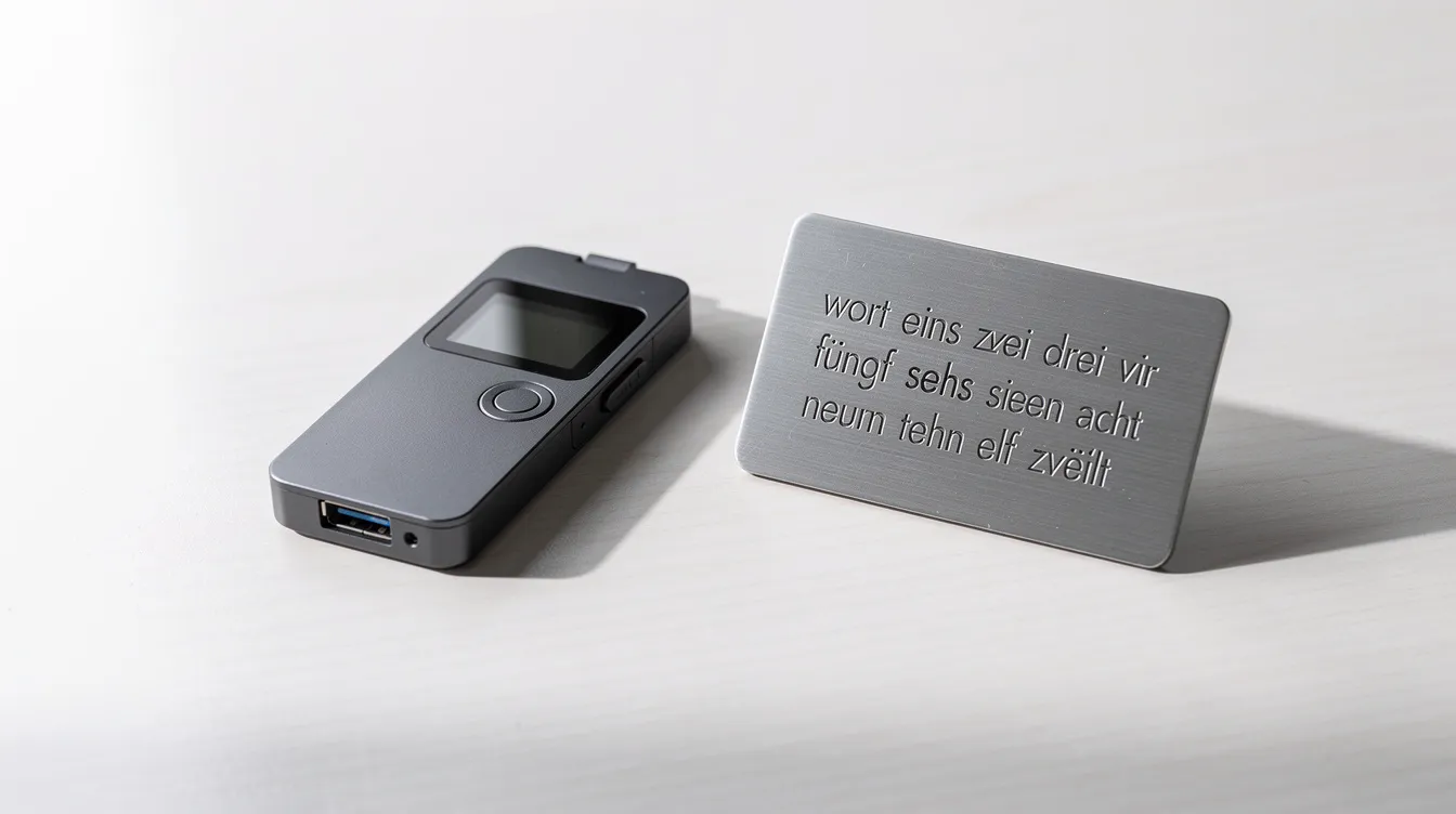 Das Bild zeigt ein Hardware-Wallet-Gerät, das neben einer Metallplatte mit eingravierten Wörtern auf einem sauberen Schreibtisch platziert ist. Diese Anordnung symbolisiert die Sicherheit und Kontrolle über Kryptowährungen, während das Wallet als Lösung für die Verwaltung von privaten Schlüsseln dient.