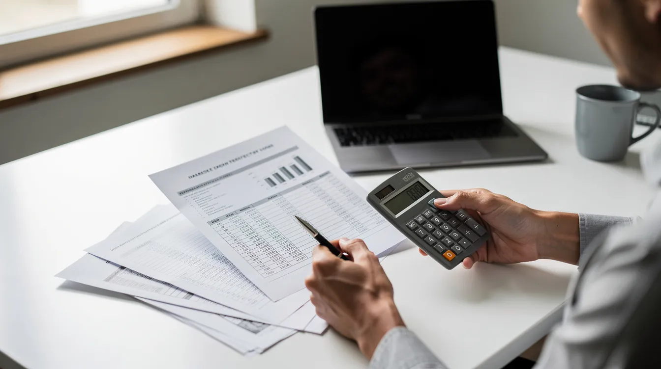 Eine Nahaufnahme zeigt eine Person, die an einem Schreibtisch sitzt und Finanzdokumente sowie einen Taschenrechner betrachtet. Auf dem Tisch sind verschiedene Wertpapiere und Unterlagen zu sehen, die sich mit Anleihen, Zinsen und Renditechancen beschäftigen.