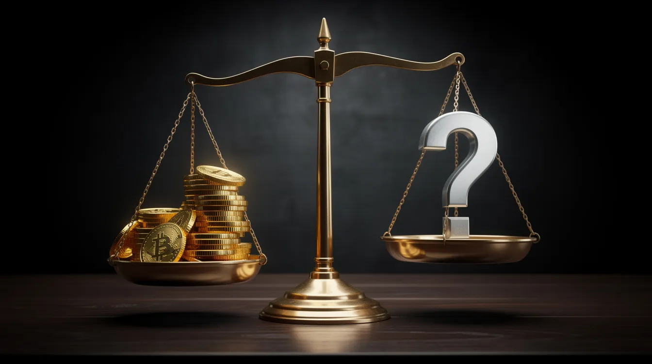 Die Balkenwaage zeigt auf der einen Seite Goldmünzen, die für Kapital und Wertpapiere stehen, während auf der anderen Seite ein Fragezeichen symbolisiert, dass Anlegerinnen und Anleger sich über die Unterschiede zwischen verschiedenen Anleihen wie Staatsanleihen und Unternehmensanleihen im Klaren sein sollten. Diese Darstellung verdeutlicht die Überlegung, ob man in Anleihen investieren oder in andere Geldanlagen wie Aktien oder Rentenpapiere investieren sollte.