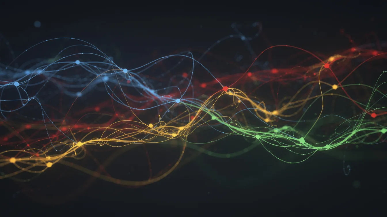 Die abstrakte Darstellung zeigt neuronale Netzwerke und leuchtende Punkte in den Google-Farben Blau, Rot, Gelb und Grün auf einem dunklen Hintergrund, was die Verbindung zur künstlichen Intelligenz und den KI-Modus verdeutlicht. Diese visuelle Komposition spiegelt die dynamischen Funktionen von Google AI und die Entwicklung von KI-Systemen wider.