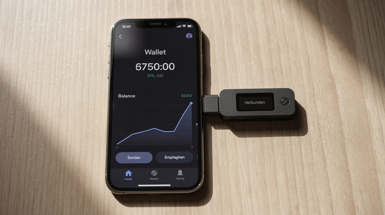 Auf dem Holztisch liegen ein Smartphone mit einer Wallet-App und ein kleines Hardware-Wallet-Gerät. Diese Geräte ermöglichen die Verwaltung von Kryptowährungen und bieten Sicherheit durch private Schlüssel und zwei Faktor Authentifizierung.