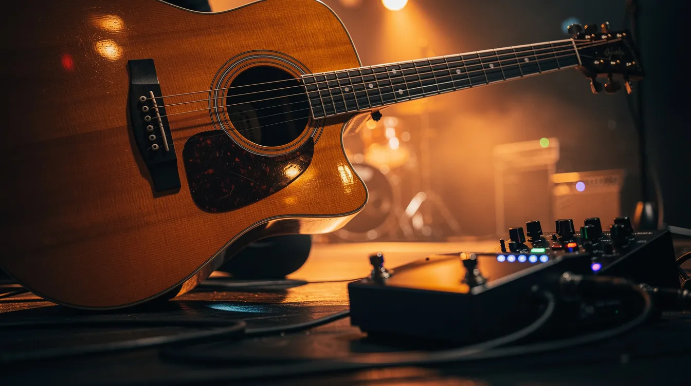 Die Nahaufnahme einer Akustikgitarre auf einer Konzertbühne zeigt das Instrument im warmen Licht, während ein Loop-Pedal am Boden bereitsteht. Diese Szene erinnert an die Auftritte von Singer-Songwritern wie Ed Sheeran, der mit Songs wie "Shape of You" die Charts erobert hat.