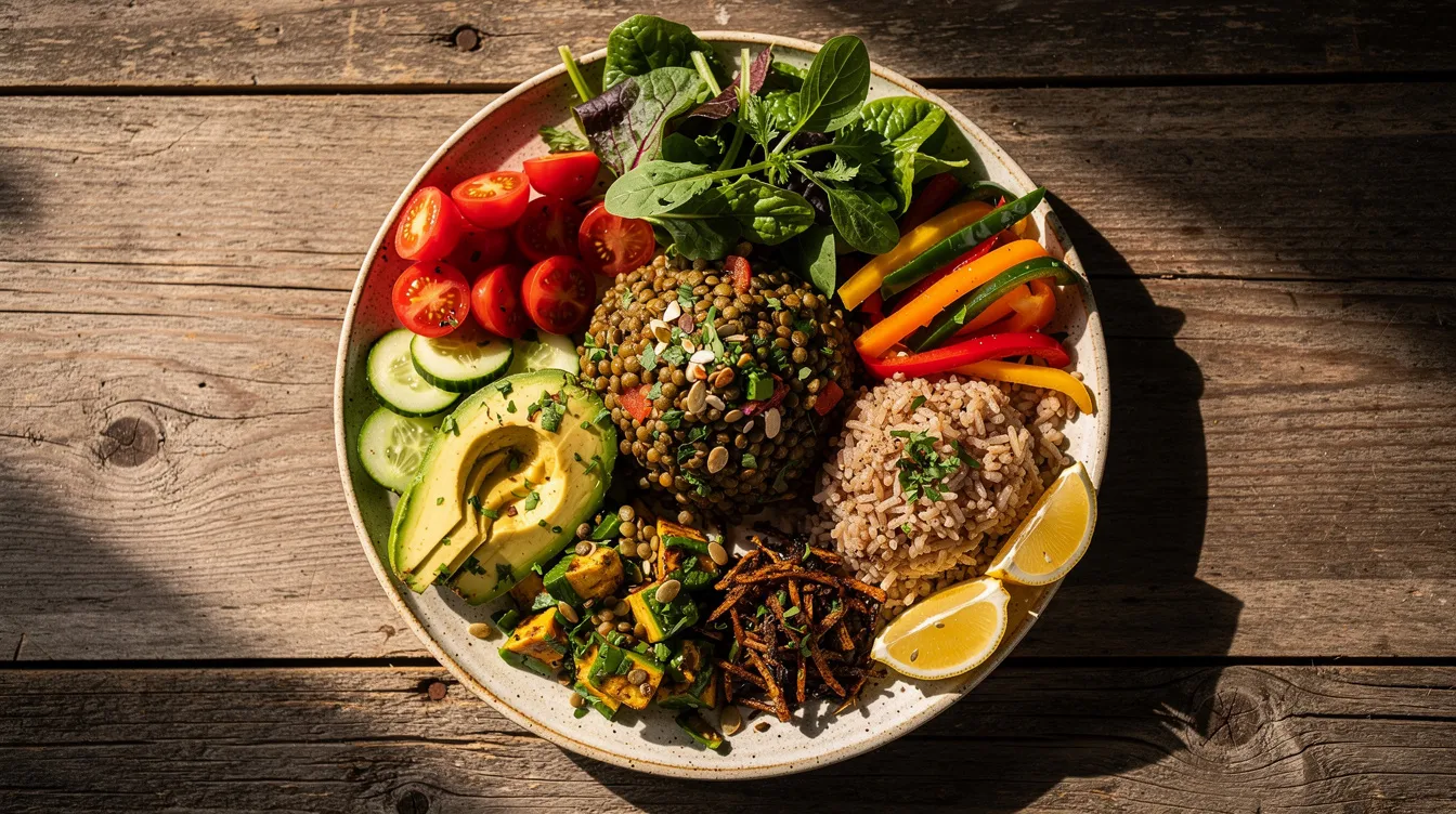 Ein bunter pflanzlicher Teller mit Linsen, frischem Gemüse und Vollkornreis ist auf einem Holztisch angerichtet. Die Vielfalt der Zutaten bietet eine nährstoffreiche Mahlzeit, die ideal für eine gesunde vegane Ernährung ist.