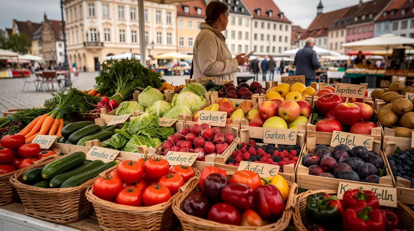 Ein Wochenmarktstand in einer deutschen Stadt zeigt eine bunte Mischung aus frischem saisonalem Gemüse und Obst, die reich an Nährstoffen und Vitaminen sind. Diese gesunden Lebensmittel sind wichtige Bestandteile eines ausgewogenen Speiseplans und fördern das Wohlbefinden des Körpers.