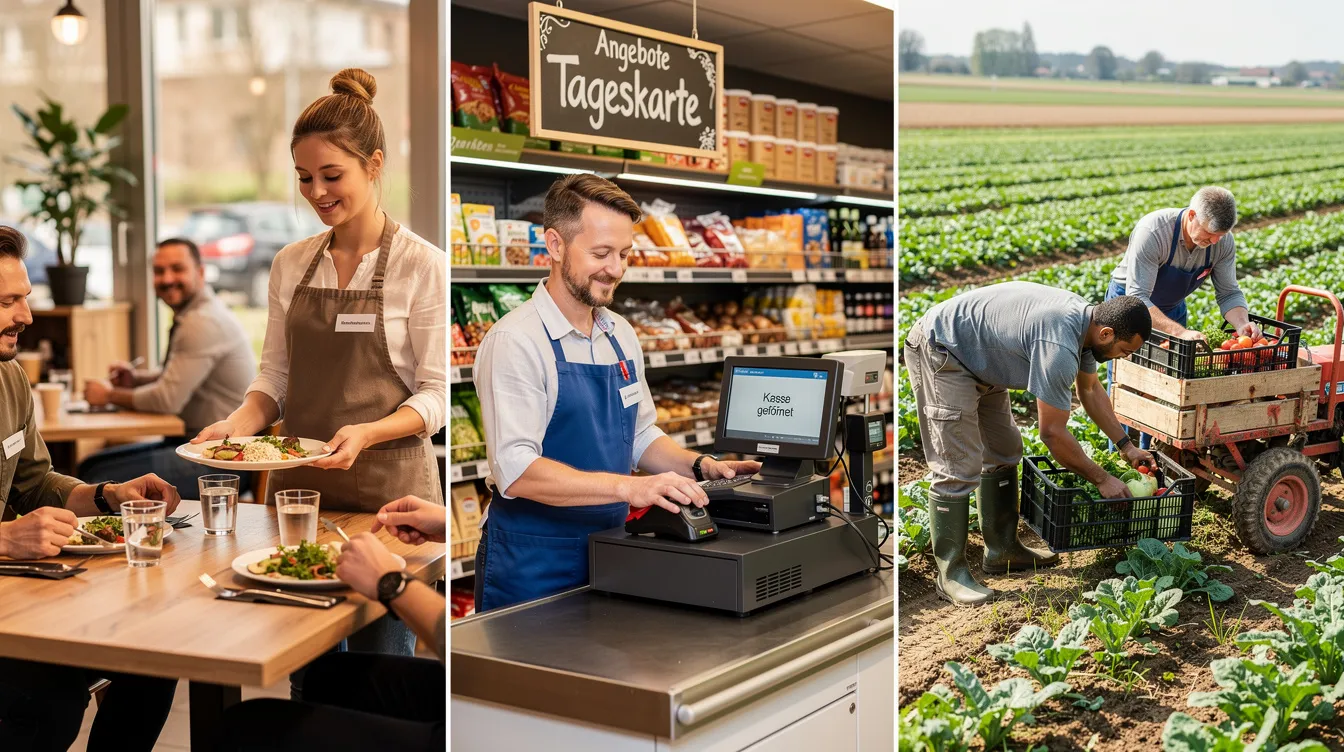 Das Bild zeigt verschiedene Arbeitnehmer in der Gastronomie, im Einzelhandel und in der Landwirtschaft, die engagiert bei ihrer täglichen Arbeit sind. Diese Beschäftigten stehen im Kontext der aktuellen Diskussionen über den gesetzlichen Mindestlohn und die mögliche Erhöhung auf 13,90 Euro brutto pro Stunde.