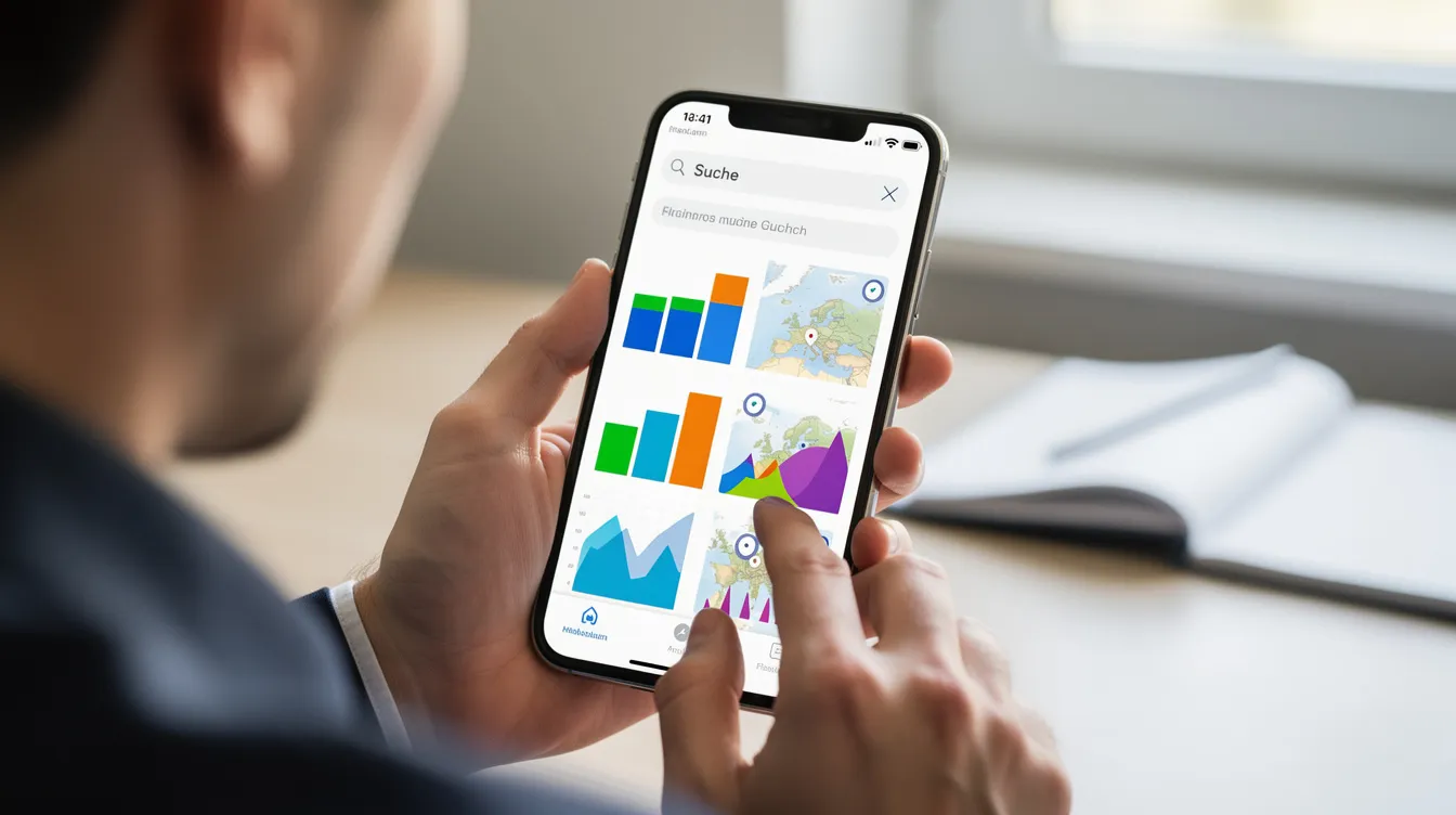 Eine Person scrollt auf ihrem Smartphone durch eine Benutzeroberfläche, die farbige Diagramme und interaktive Karten zeigt, während sie Informationen zu verschiedenen Themen sucht. Diese Darstellung könnte Funktionen der künstlichen Intelligenz und der Google-Suchmaschine beinhalten, um Antworten auf Fragen zu finden und Ressourcen für den Alltag zu nutzen.