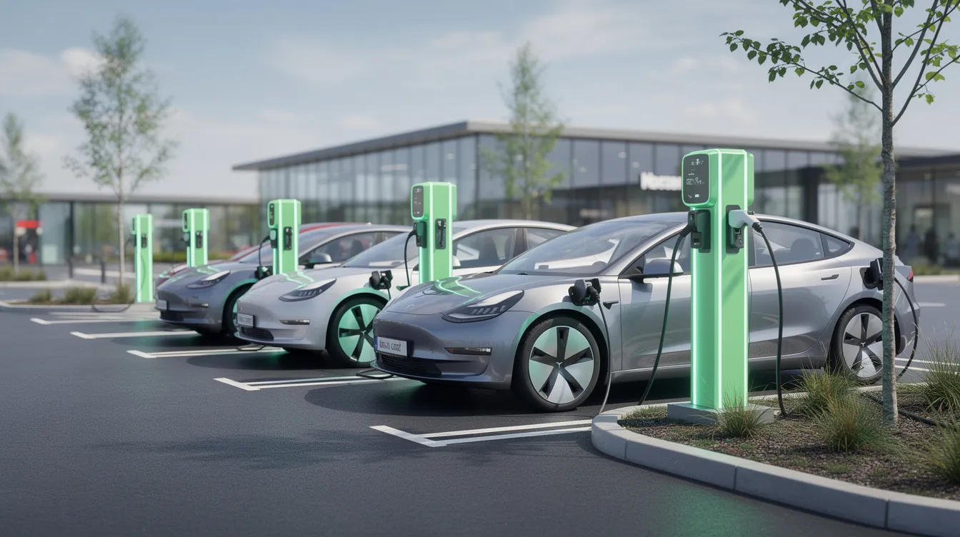 Auf einem modernen Parkplatz stehen mehrere Elektroautos an einer Ladestation, die mit grünen Energiesäulen ausgestattet ist. Diese Szene spiegelt die wachsende Bedeutung der Nachhaltigkeit im Automobilsektor wider, insbesondere für Unternehmen wie die Volkswagen AG.