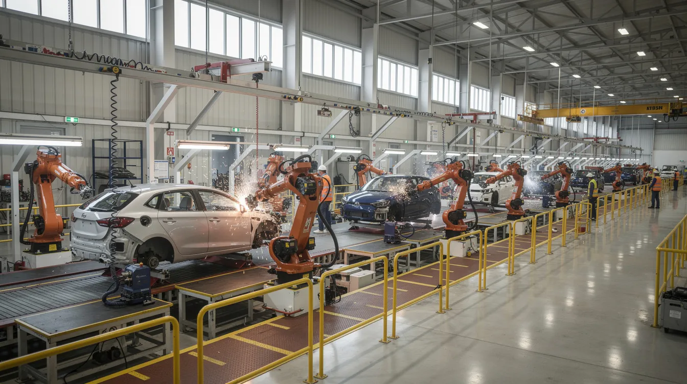 In der großen Produktionshalle einer modernen Automobilfabrik sind mehrere Roboter und Fahrzeuge auf einer Montagelinie zu sehen, die effizient zusammenarbeiten. Diese Szene zeigt die fortschrittliche Technologie und Automatisierung, die in Unternehmen wie der Volkswagen AG zur Anwendung kommen, um die Produktion von Fahrzeugen zu optimieren.